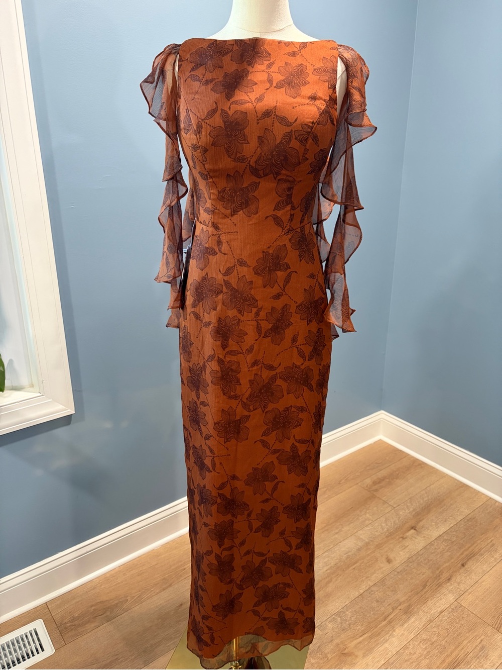 Azazie Rust Orange Floral Maxi Dress with Brown Floral Print